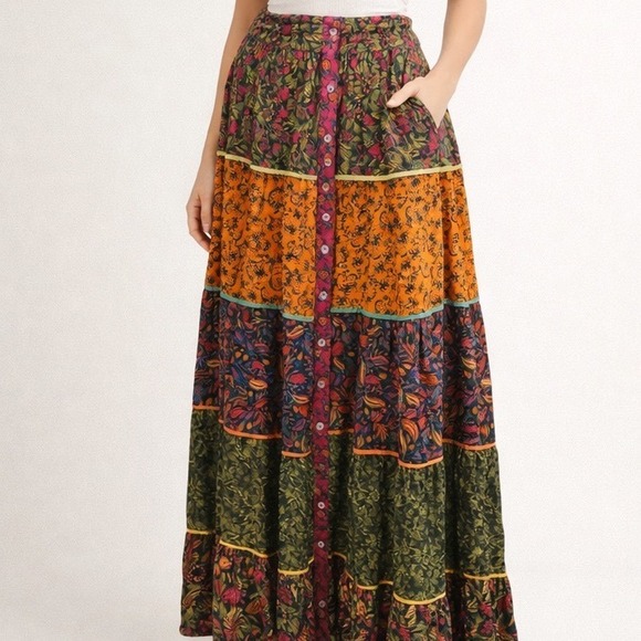 FARM Rio Dresses & Skirts - FARM Rio Multicolor Floral Tiered Maxi Skirt - Orange, Green, Pink, Blue